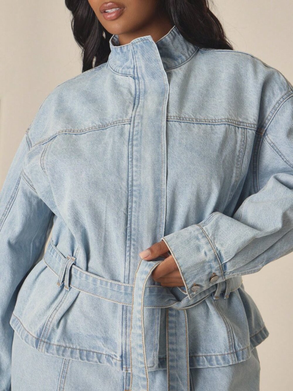 Blue Casual Women's Plus Size High Neck Zip Button Front Denim Jacket - Picture 2 of 5
